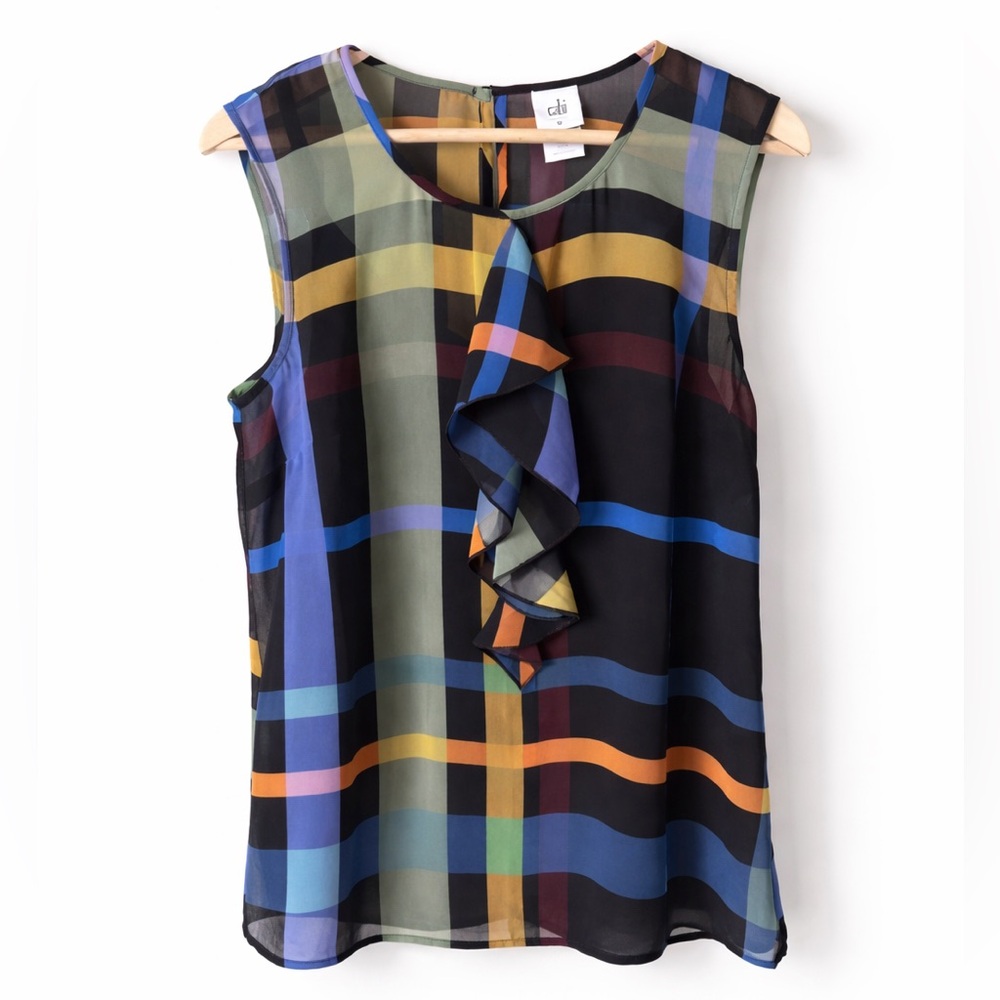 CABI #3865 Plaid Chiffon Blouse Double Layer Ruffle Detail Medium Multicolor